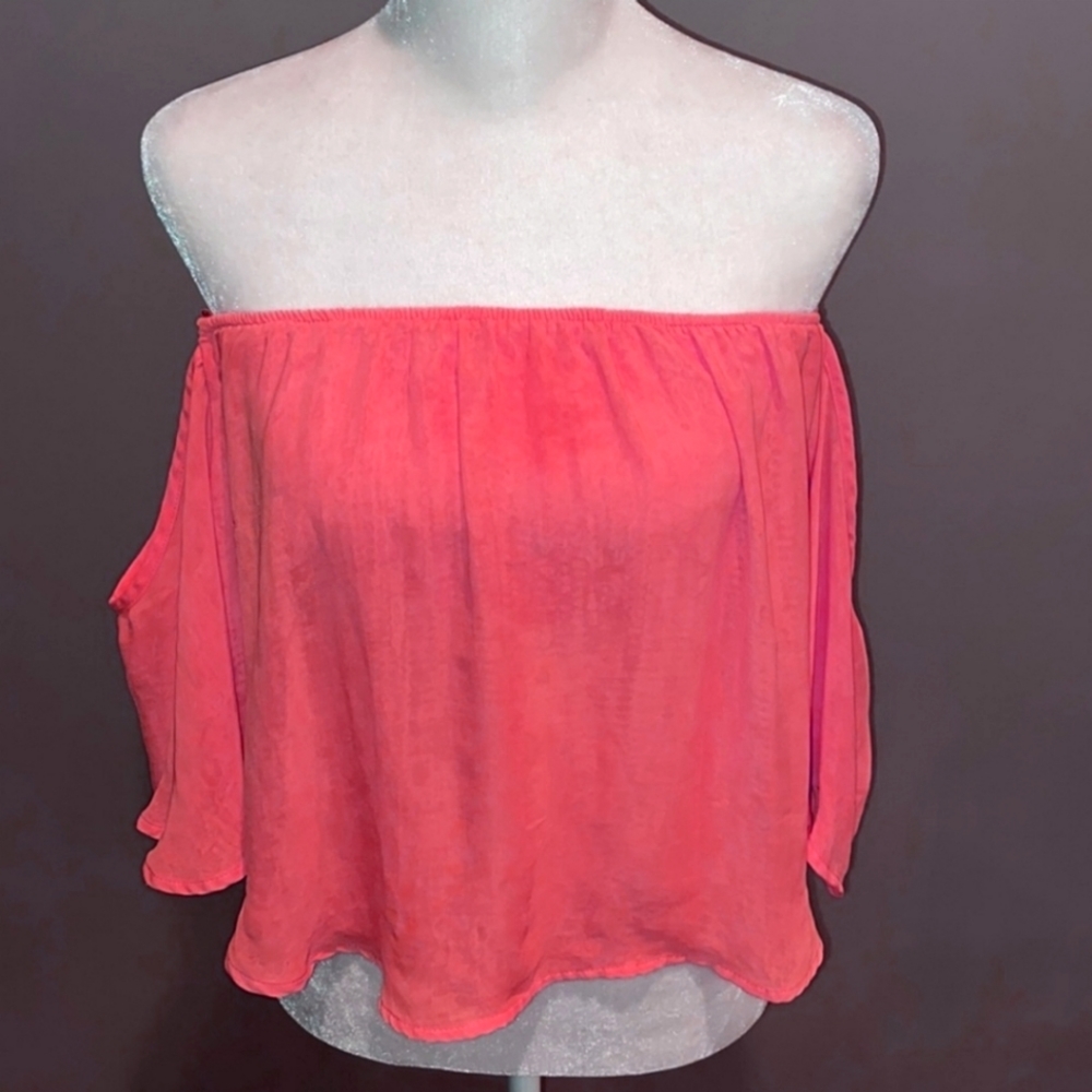 Express Size Small Coral Red Flowy Off The Shoulder Sleeve Strapless Smocked Top